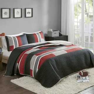 Comfort Spaces CS14-0864 3 Piece Quilt Coverlet Bedspread All Season Lightweight Hypoallergenic Pipeline Colorblock Kids Bedding Set, Full/Queen, Pierre Black/Red Stripe