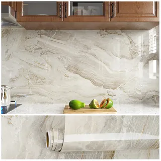 VEELIKE Klebefolie Marmoroptik Beige 81cm x 300cm Mamorfolie Gold Marmor Tapete Selbstklebend Folie Küchenrückwand Marmortapeten Wand Küchenfolie Wasserfest Badezimmer Arbeitsplatte Dekorfolie