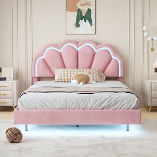 Merax Polsterbett 140x200cm mit Blumenform Kopfteil und LED, Schwebebett Doppelbett mit Lattenrost, Massivholzbett Kinderbett Samt Jugendbett, Rosa - Rosa