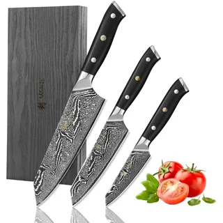 Wakoli Nitoko Full Tang Damastmesser Set 3-teilig I Zwei Kiritsuke Messer und Allzweckmesser aus 67 Lagen Damaststahl VG10 Kern 60±2 HRC I G10 Griff I Küchenmesser Set in Holzbox