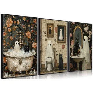 nbyartq Halloween-Geister, Poster, Wandkunst, Horror, Geist und schwarze Katze im Badezimmer, Wanddekoration, Bilder, Retro-Horror, gruselig, dunkel, akademische Drucke für Badezimmer, Galerie, Heimdekoration