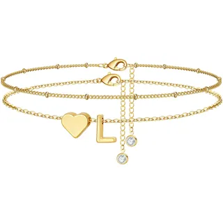 TINGN Fußkettchen für Damen, 14K Gold Vergoldet Herz Buchstaben Fußkettchen Kinder Mädchen Fussketten für Frauen Wasserfest Sommer Strand Fußschmuck Mehrreihige Fußkette Geschenke für Frauen Freundin