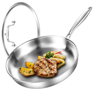DELARLOCHEF Dreilagige Edelstahl Bratpfanne mit Deckel 24cm,Edelstahlpfanne Unbeschichtet,Induktions Pfanne,Hocheffiziente und Energieeffiziente Pfannen für Steak,Ei,9.5-Zoll