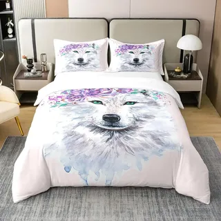 Homewish Baumwolle, Bettwäsche-Set, Wolf, 140 x 200 cm, Bettbezug mit Wildtieren mit grünen Augen, Bettwäsche mit Aquarell-Blumen, Bettbezug, Schwarz/Weiß
