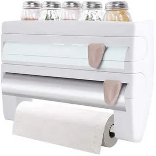 Küchenrollenhalter Wandmontage für 3 Rollen mit Klinge Weiß | Gewürzregal, Scharfer Klingenschneider, für Küche, Kompatibel mit Papierrollen, Wandmontage, Weiße Ausführung