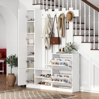 Sweiko 135x25x180cm Garderoben-Set mit Spiegel, Flurschrank, Hängeschrankregal, Kompaktgarderobe, Mit 2 unteren Klapptüren-Schuhschränken + 2 Aufbewahrungsschränke, Geeignet für Türöffnungen, Flure,Weiß - Weiß