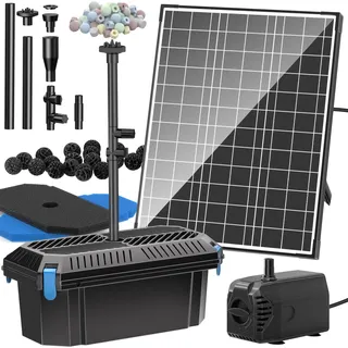 Billing 20W Solar Teichfilter mit 4 Düsen - 875 l/h Solar Teichpumpe mit Filter für Gartenteich bis 8m2 Springbrunnen Kleiner Fischteich Wasserspiel Außen, 5m Kabel mit Wasserdurchflussregulierung