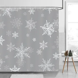 Bonhause Duschvorhang Winter Schneeflocken Weihnachten Grau Duschvorhänge 180 x 180 cm Anti-Schimmel Wasserdicht Polyester Stoff Waschbar Bad Vorhäng für Badzimmer mit 12 Haken