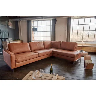 KAWOLA Ecksofa VILNIUS 3-Sitzer mit Recamiere rechts Kunstleder mit Lederanteil cognac
