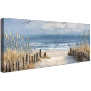 Groß Leinwand Bilder Mit Rahmen Küstengrünes Meer Sandstrand Leinwandbilder Meereslandschaft Schilf Möwe Bilder auf Leinwand Malerei Wandposter Wandbilder Wohnzimmer Schlafzimmer Wanddekor 50x120cm