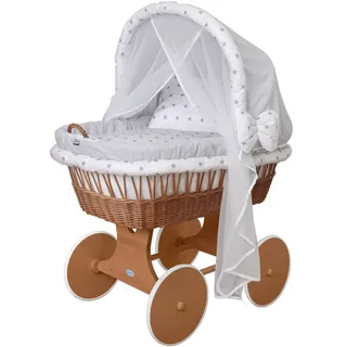WALDIN Baby Stubenwagen-Set mit Ausstattung,XXL, Bollerwagen, komplett,grau/Sterne-grau,Gestell/Räder lackiert - Grau