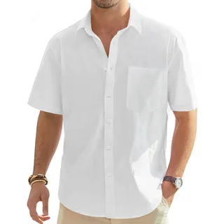 J.VER Herren Baumwolle Leinen Kurzarm Hemden Casual Leicht Button Down Hemd Strand Sommer Tops mit Tasche, Weiss/opulenter Garten, Mittel