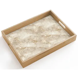 OnlyWow© Tablett Serviertablett rutschfest Griff Küchentablett | 40x30 cm - Rechteckig - Servierplatte Eiche Holztablett Henkel Hitzebeständig Hellbeige - Onyx - Dezent