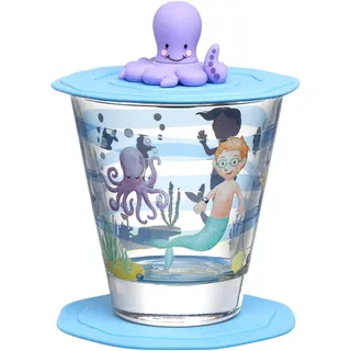 LEONARDO HOME Bambini Avventura Kinderglas mit Deckel und Untersetzer - Trinkglas mit Motiv aus hochwertigem Glas - Größe S, Inhalt 215 ml - 3-teiliges Trinkset mit Motiv Meer, 023676