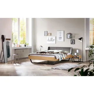 Hasena Massivholzbett, Kopfteil gepolstert Montieri, Farbe: Eiche bright, geölt, Bezugsfarbe: Kul smoke, Metallfarbe: Anthracit, verschiedene Größen - 20 cm/180 x 210 cm