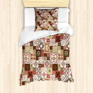 ABAKUHAUS marokkanisch Mantele, Vintage-Quadrat-Muster, Milbensicher Allergiker geeignet mit Kissenbezügen, 135 cm x 200 cm - 80 x 80 cm, Creme Dunkel Coral Brown - Creme