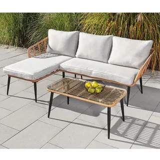 Eck-Loungeset 8tlg. helles Rattan mit Sitzkissen in beige - Beige