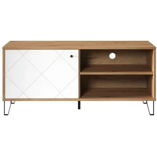 trendteam smart living - Touch - Lowboard - Weiß/Eiche - TV-Unterteil mit 1 Tür und 2 offenen Fächern - Fronten mit dekorativer Fräsung - (BxHxT) 123 x 56 x 40 cm - extravagante schwarze Metallfüße