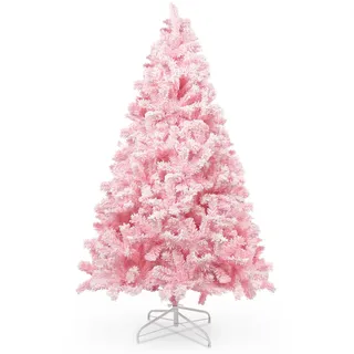 himaly 180 cm/6 ft Weihnachtsbaum Beflockt Rosa mit praller Flocked Dekoration with Schneeflocken, 808 Spitzen Kiefernblattblätter aus PVC und Stabile Basis, Christbaum für Weihnachtsdekorationen