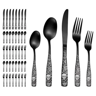 40-teiliges schwarzes Besteckset mit Totenkopfdesign für 8 Personen, mattes Silberbesteckset mit Skelettblume, Halloween-Besteckset