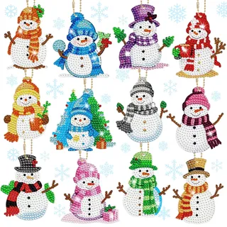 Zoyomax Diamond Painting Weihnachten Anhänger - 12 Stück 5D Doppelseitige Diamant Painting Schlüsselanhänger Kinder, DIY Schneemann Diamant Malerei Kit für Weihnachtendeko und Geschenk