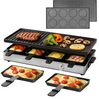 Raclette Grill & Pancake Station für 8 Personen – 2-in-1 Tischgrill mit Wendeplatte, 12 Pfännchen (4 XXL), stufenloser Temperaturregelung, 1.700 W, Edelstahlgehäuse, 21-teiliges Set