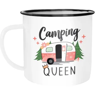 MoonWorks® Emaille-Tasse Camping Queen King Wohnwagen Geschenk Camper Campingurlaub Zubehör Emaille-weiss-schwarz standard