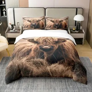 100% Baumwolle Hochland Rind Bettbezug 155x220,3D Kuh Bull Bettwäsche Set,Afrikanische Safari Tier Tröster Abdeckung,Niedliche Lustige Wildlife Tier Bettwäsche Abdeckung,Schlafzimmer Dekor