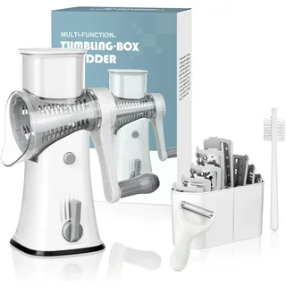 AdrreyuFny Käsereibe mit Kurbel, Trommelreibe mit 5 Austauschbaren Abnehmbare Klinge Gemüsereibe Kitchenaid Gemüseschneider für Gemüse, Obst usw - Weiß