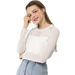 Allegra K Damen Langarm Crew Neck Panel Spitze Blumen Top Bluse Weiß M