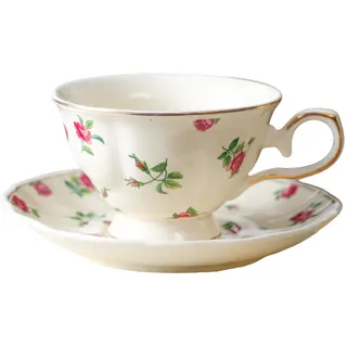 fanquare Vintage Tasse und Untertasse Set Rosenmuster Elegante Porzellan Kaffeetassen,180ml Europäische Art Keramik Teetasse mit Goldrand für Frauen Geschenke Frühstück Nachmittagstee