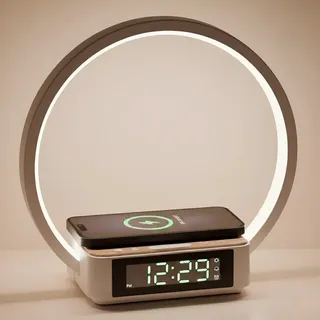 SMARTERIOR Alarm Clock, Nachttischlampe mit 15W kabelloser ladefunktion, Dimmbare Touch Tischlampe mit Nachtlicht, USB-Anschluss, 4 Stufige Helligkeit, Tischlampe für Schlafzimmer Wohnzimmer Büro