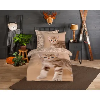 good morning Kinderbettwäsche »Stripe kitty«, Biber, 135x200, Warm, Weich, Wendeoptik, Reißverschluss, Kind, Katze, beige