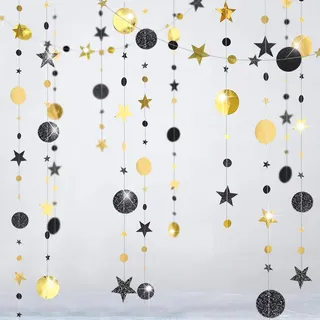 Glitzernde schwarz-goldene Party-Dekorationen, Mond-Stern-Girlande, Ramadan, hängende Sterne, Kreis, Luftschlangen, Banner, Hintergrund für Hochzeit, Geburtstag, Junggesellinnenabschied, Ruhestand,