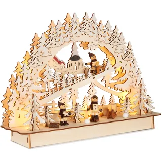 BRUBAKER 3D Lichterbogen - LED Schwibbogen - Schlittenfahrt im Wald | Weihnachtsbeleuchtung aus Holz Natur - 22 x 32 x 9 cm - Handbemalte Figuren - Weihnachtsdeko für Tisch & Fenster