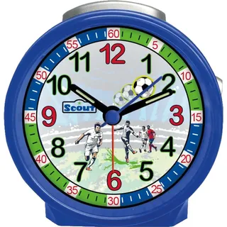 Scout Wecker analog mit blauem Gehäuse, buntem Lernziffernblatt und Fussball-Motiven - Blau