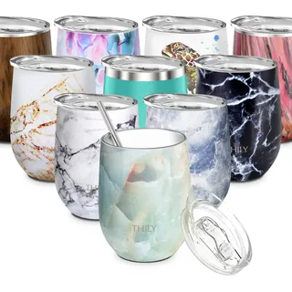 THILY Weinglas mit Deckel und Strohhalm, isoliert, 340 ml, dreifach wandig, isoliert, Edelstahl, hält kalt oder heiß für Wein, Kaffee, Cocktails und Getränke 12 oz Opal Marble