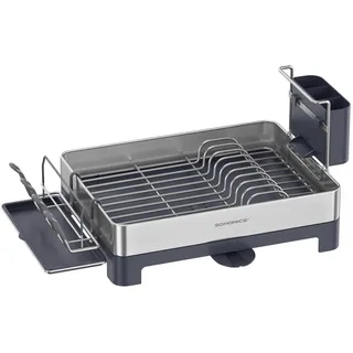 SONGMICS Abtropfgestell, Geschirr-Abtropfständer Edelstahl, Auslauf, Abtropfschale, Tassenhalter, fingerabdruckresistent, für Küche, 31,7 x 57,2 cm, silbern-grau KCS030E01V1