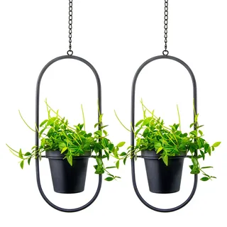 HemePaha Metall-Hänge-Pflanzgefäße mit Topf, 2 Stück, oval, Boho-Stil, schwarzes Metall, Pflanzenaufhänger, geometrische Hängepflanzgefäße für drinnen und draußen, Heimdekoration (oval, schwarz)