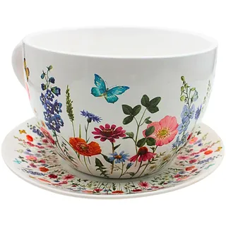Dekohelden24 XXL Blumentopf, Pflanztasse, großer Pflanzkübel, Pflanzgefäß, Blumenkübel, Pflanztopf. Übertopf als Tasse mit Griff aus Keramik, Motiv: Blumenwiese, L/B/H 34 x 28 x16 cm.