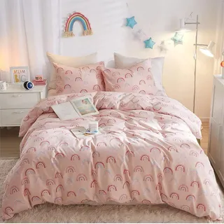 Freyamy Kinderbettwäsche 135x200cm Rosa Bunt Liebe Regenbogen Wendebettwäsche 100% Microfaser Herz Mädchen Babybettwäsche Herzmotiv Kinder Bettbezug mit Reißverschluss und Kissenbezug 80x80cm