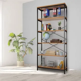 Himimi Bücherregal mit 5 Ebenen, Holz Standregal mit Stahlrahmen, Offenes Regal für Wohnzimmer, Küche, Arbeitszimmer, 80 x 30 x 180 cm, Industrial-Style, Vintage Braun-Schwarz