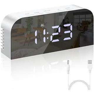 Vinabo Digitaler Spiegel-Wecker, LED-Spiegel-Digitaluhr Nachtwecker Morgenwecker, 2 Helligkeitsstufen, 12/24H, mit 2 USB-Ladeanschlüssen, Moderne Dekoration für Zuhause oder Schlafzimmer