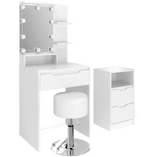 Vicco Schminktisch Ruben Weiß mit Schubladenschrank LED Beleuchtung und Hocker , Holzwerkstoff , 7 Fächer , 3 Schubladen , Rechteckig,Rechteckig , 60x142.7x48 cm , Schlafzimmer, Schminktische