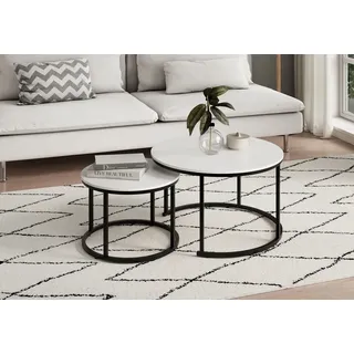 home collective Couchtisch 2er Set rund aus Holz, Wohnzimmertisch Modern, Beistelltisch Set 2 in 1 mit Metallgestell für Wohnzimmer Büro Beistelltisch Loft Design Twin | Weiß