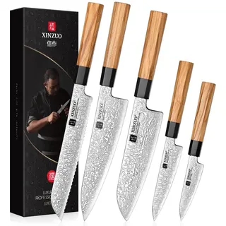 XINZUO Küchenmesser Set 5er 67 Schichten Damaststahl Chefmesser Set, Profi Geschmiedet Damaskus messerset Scharfe Klinge Kochmesser Set -Chef Santoku Brot Allzweck Obst Messer -Olivenholz Griff