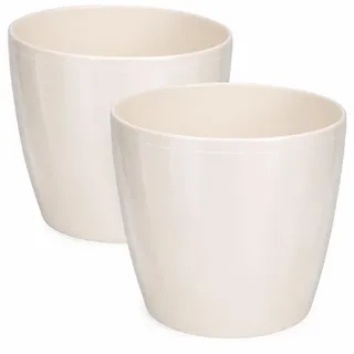 PECZEKO Glänzende Blumentöpfe - Deko Pflanztopf für Blumen & Kräuter - Langlebige & leichte runde Kunststoff-Pflanzentöpfe für Wohn- & Esszimmer, Küche, Terrasse, Balkon - 2er-Set - (Beige, ø 15 cm)