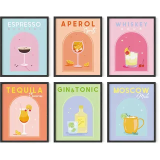 HAUS AND HUES Dänisches Pastell-Poster, Alkohol-Poster, Set mit 6 ästhetischen Cocktail-Postern, adrette Bilder für die Wand, flippige Schlafsaal-Poster für College-Mädchen, bunte Bar-Wandkunst (28,9