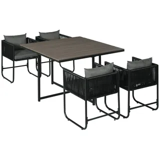 Outsunny Rattan Gartenmöbel-Set 5-teilig Platzsparend Cube-Sitzgruppe für 4 Personen Essgruppe mit Quadratischem Esstisch Holzoptik und 4 Stühlen Grau - Grau
