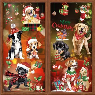 decalmile Weihnachten Fensteraufkleber Welpen Haustiere Fenster Abziehbilder Weihnachten Hunde Tiere Fensterfolie Statische Aufkleber Schaufenster Glas Tür Party Weihnachtsdeko